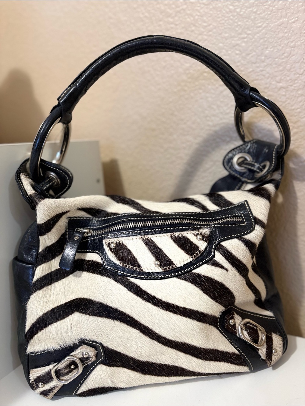 Helen’s Heart Zebra Print Calf Hair Black Leather Hobo Bag Y2K Shoulder Purse